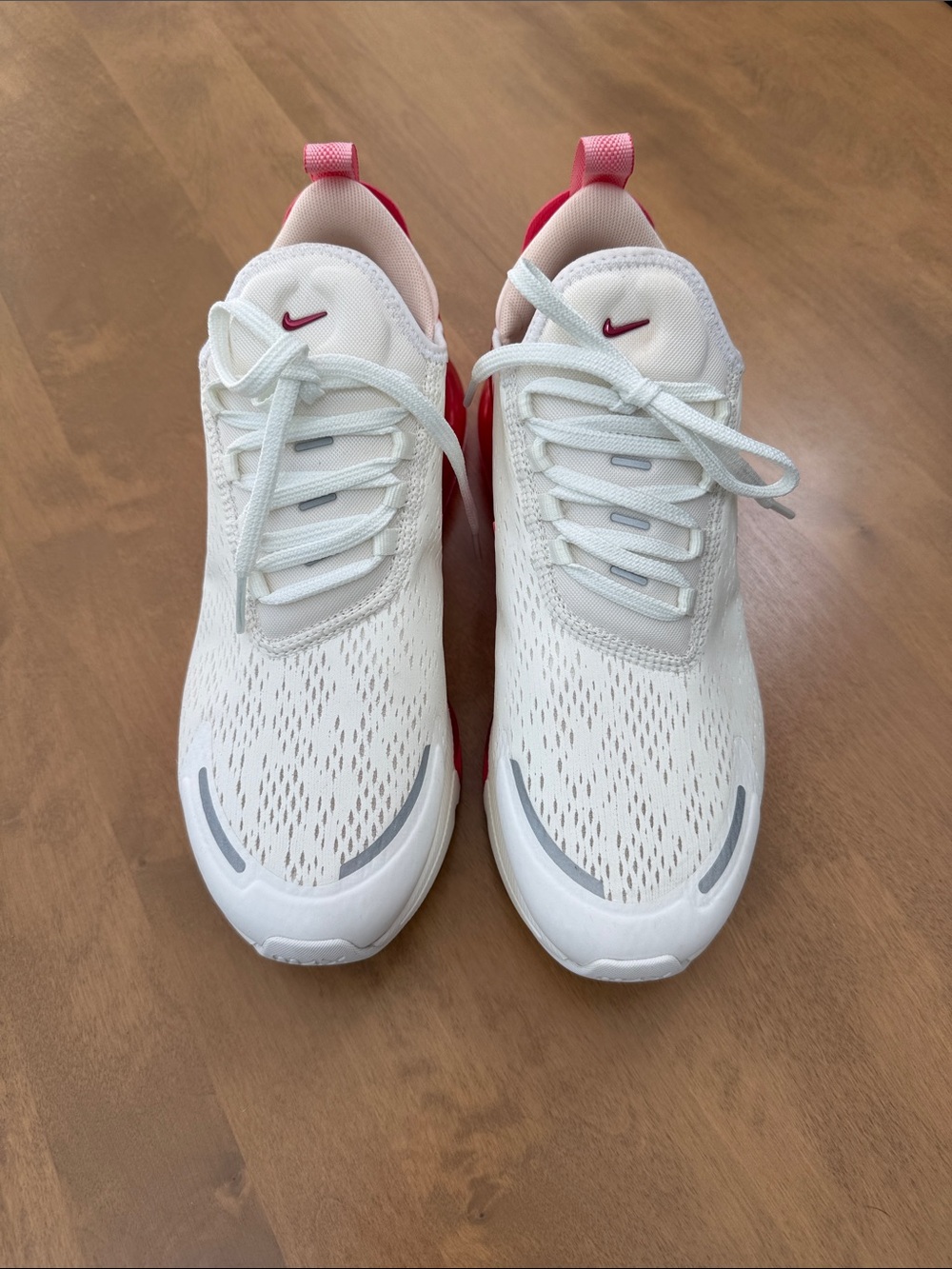Nike White and Pink Women's Running Sneakers with Maroon Swoosh